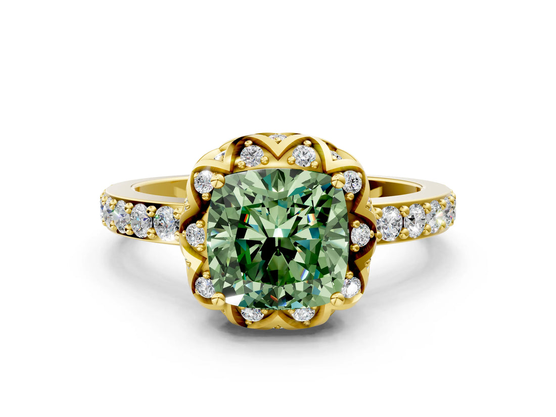 Yellow gold Fancy Green Cushion Cut Diamond Scalloped Halo Engagement Ring with Round Shared Prong Band_12