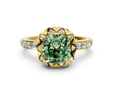 Yellow gold Fancy Green Cushion Cut Diamond Scalloped Halo Engagement Ring with Round Shared Prong Band_12