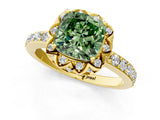 Yellow gold Fancy Green Cushion Cut Diamond Scalloped Halo Engagement Ring with Round Shared Prong Band_13