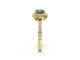 Yellow gold Fancy Green Cushion Cut Diamond Scalloped Halo Engagement Ring with Round Shared Prong Band_14