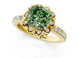 Yellow gold Fancy Green Cushion Cut Diamond Scalloped Halo Engagement Ring with Round Shared Prong Band_25