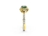 Yellow gold Fancy Green Cushion Cut Diamond Scalloped Halo Engagement Ring with Round Shared Prong Band_26