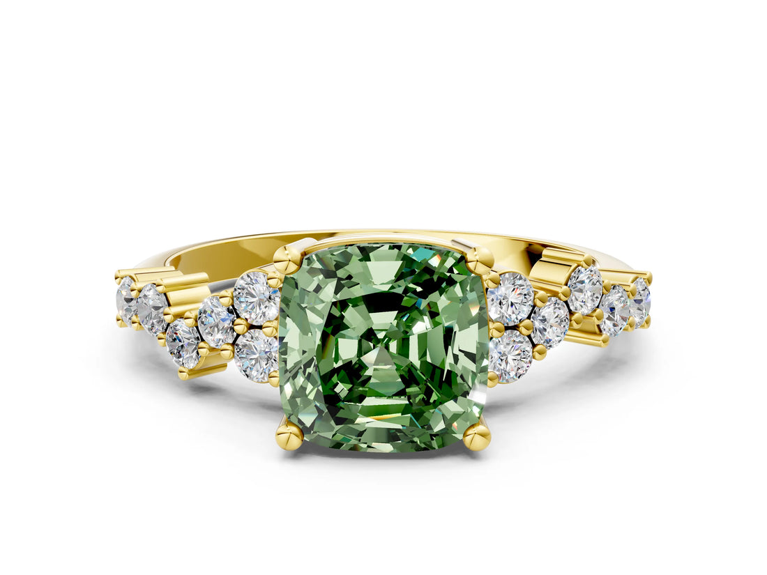 Yellow gold Fancy Green Cushion Cut Diamond Scattered Round Accent Ring with Prong Setting_12