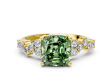 Yellow gold Fancy Green Cushion Cut Diamond Scattered Round Accent Ring with Prong Setting_12