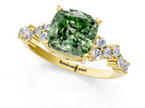 Yellow gold Fancy Green Cushion Cut Diamond Scattered Round Accent Ring with Prong Setting_13