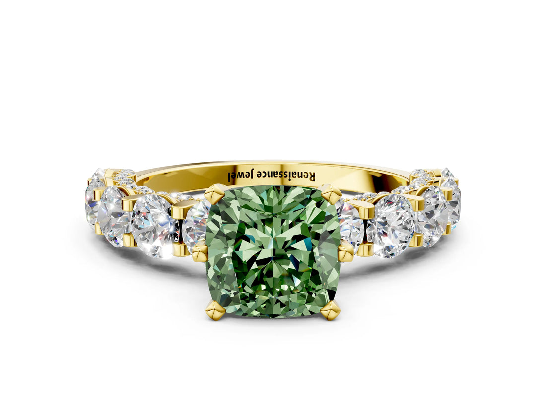 Yellow gold Fancy Green Cushion Cut Diamond Side Stone Engagement Ring with Four-Prong Setting_24