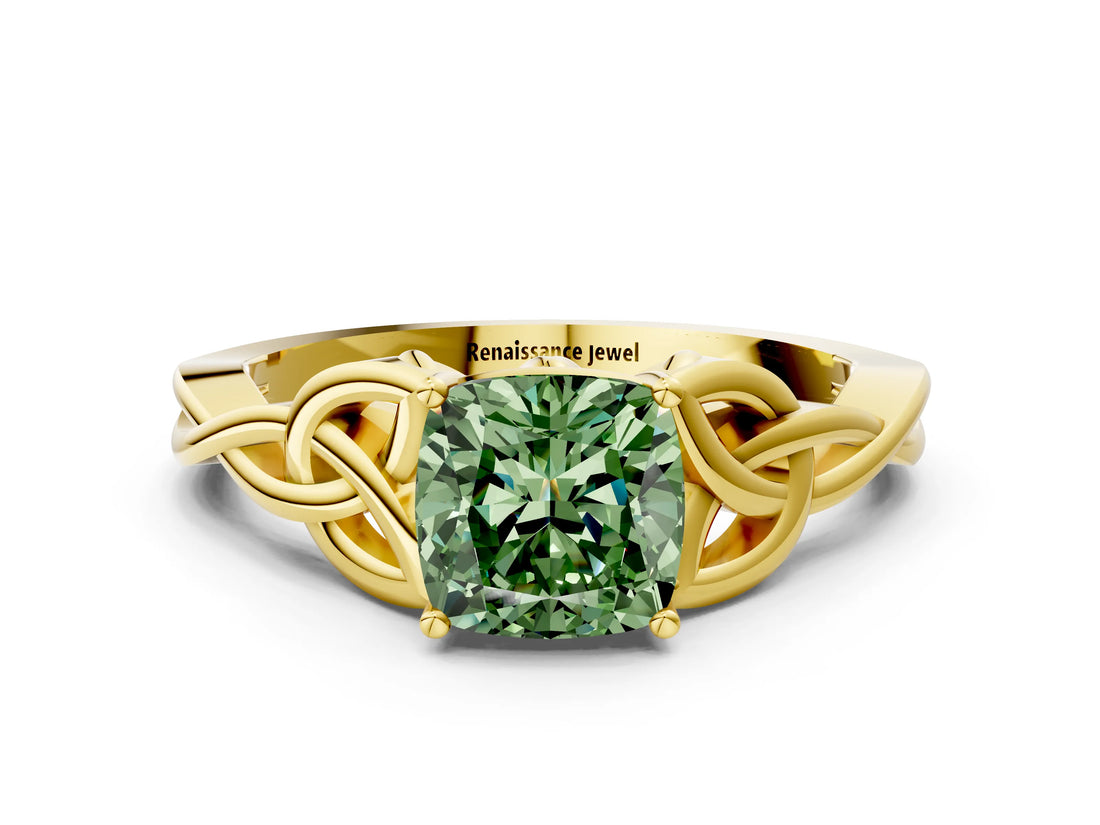 Yellow gold Fancy Green Cushion Cut Diamond Solitaire Celtic Knot Ring with Four-Prong Setting_72