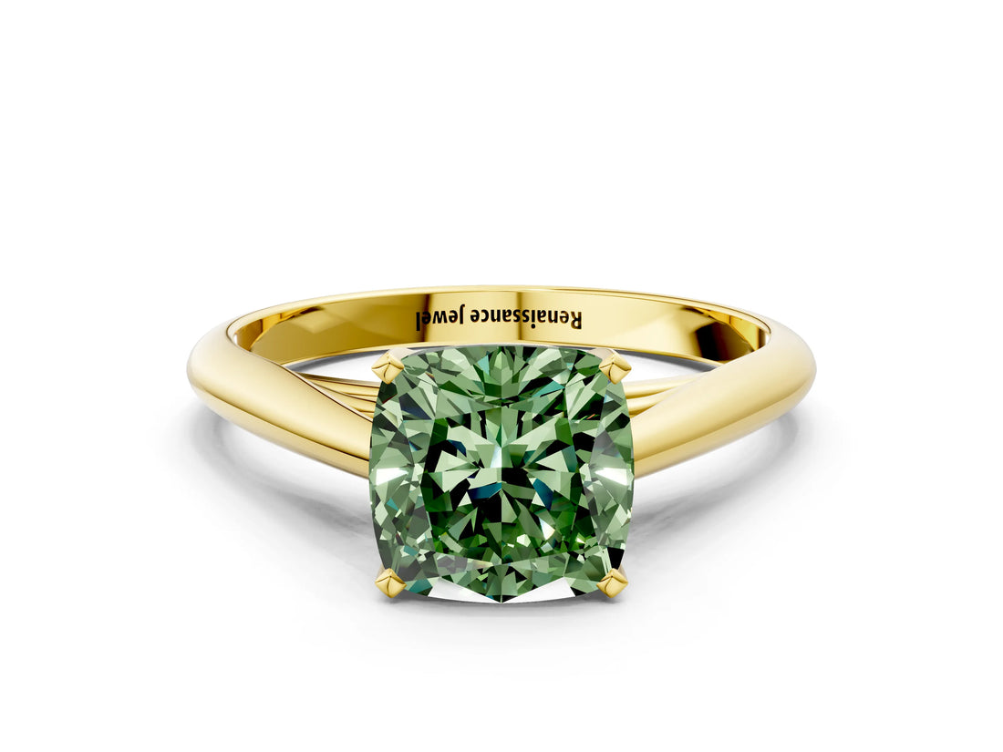 Yellow gold Fancy Green Cushion Cut Diamond Solitaire Engagement Ring with Cathedral Setting and Four-Prong Mount_132