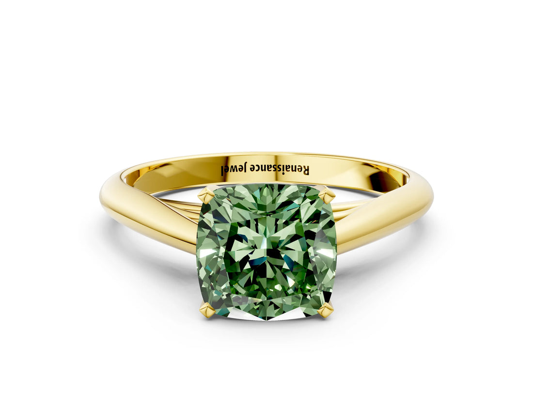 Yellow gold Fancy Green Cushion Cut Diamond Solitaire Engagement Ring with Cathedral Setting and Four-Prong Mount_96
