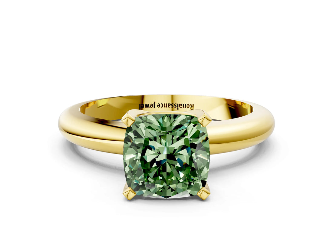 Yellow gold Fancy Green Cushion Cut Diamond Solitaire Engagement Ring with Round Band and Four-Prong Setting_137