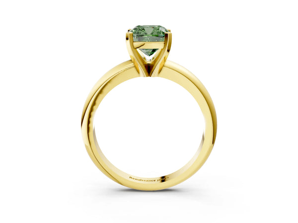 Yellow gold Fancy Green Cushion Cut Diamond Solitaire Engagement Ring with Round Band and Four-Prong Setting