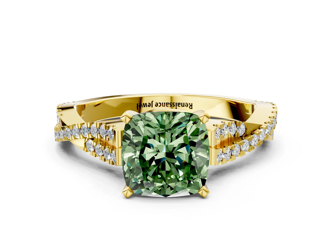 Yellow gold Fancy Green Cushion Cut Diamond Solitaire Engagement Ring with Twisted Pavé Band and Four-Prong Setting_44