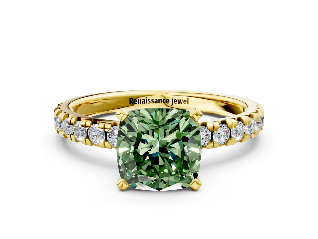Yellow gold Fancy Green Cushion Cut Diamond Solitaire Pavé Engagement Ring with Round Band and Prong Setting_38