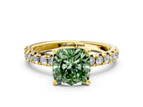 Yellow gold Fancy Green Cushion Cut Diamond Solitaire Pavé Engagement Ring with Round Band and Prong Setting_56