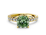 Yellow gold Fancy Green Cushion Cut Diamond Solitaire Pavé Engagement Ring with Round Band and Prong Setting_74