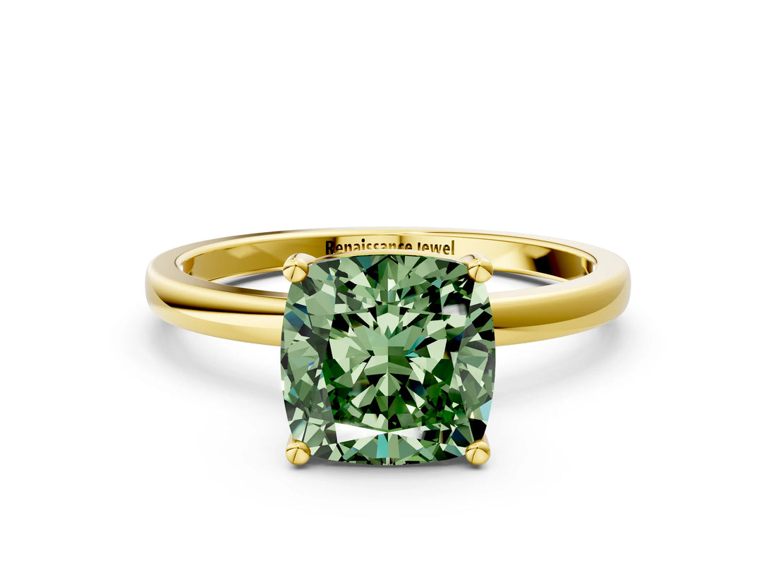 Yellow gold Fancy Green Cushion Cut Diamond Solitaire Ring with Classic Band and Four-Prong Setting