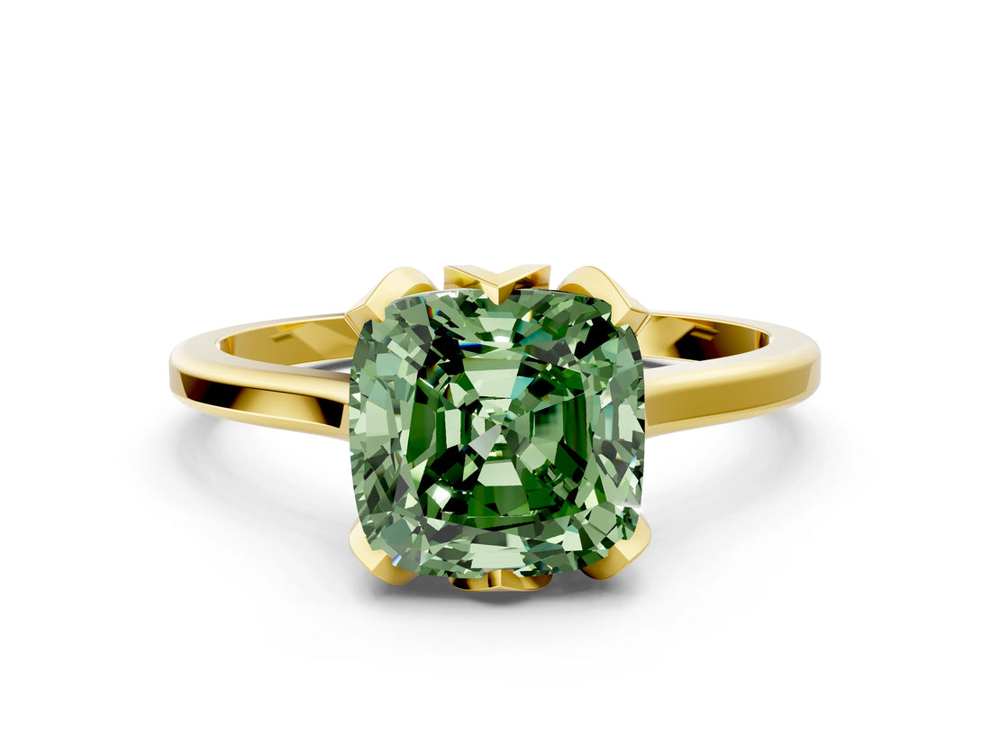 Yellow gold Fancy Green Cushion Cut Diamond Solitaire Ring with Flower Prong Setting and Classic Band_36