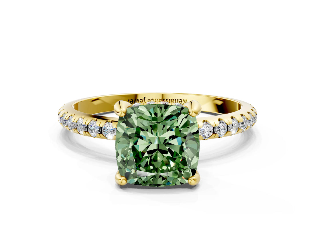 Yellow gold Fancy Green Cushion Cut Diamond Solitaire Ring with Four-Prong Setting and Pavé Band_3