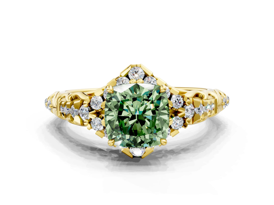 Yellow gold Fancy Green Cushion Cut Diamond Solitaire Ring with Hidden Halo and Pavé Band_27