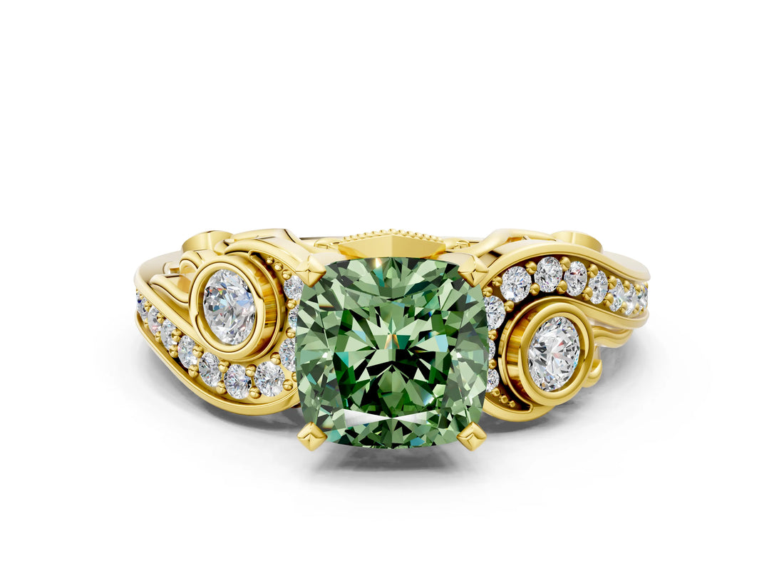 Yellow gold Fancy Green Cushion Cut Diamond Solitaire Ring with Milgrain Pavé Band and Four-Prong Setting_172