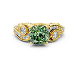 Yellow gold Fancy Green Cushion Cut Diamond Solitaire Ring with Milgrain Pavé Band and Four-Prong Setting_172
