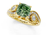 Yellow gold Fancy Green Cushion Cut Diamond Solitaire Ring with Milgrain Pavé Band and Four-Prong Setting_173