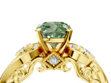 Yellow gold Fancy Green Cushion Cut Diamond Solitaire Ring with Milgrain Pavé Band and Four-Prong Setting_176