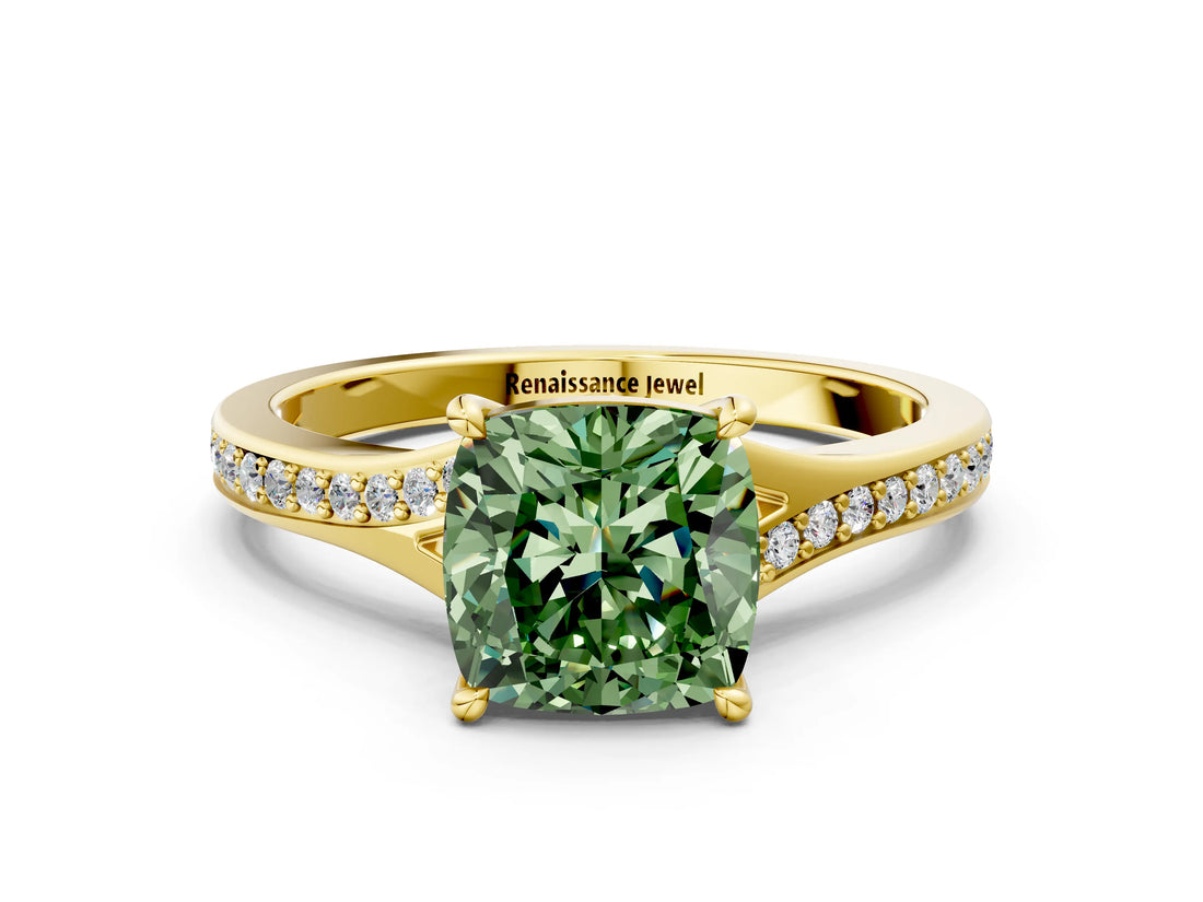 Yellow gold Fancy Green Cushion Cut Diamond Solitaire Ring with Pavé Band and Prong Setting_12
