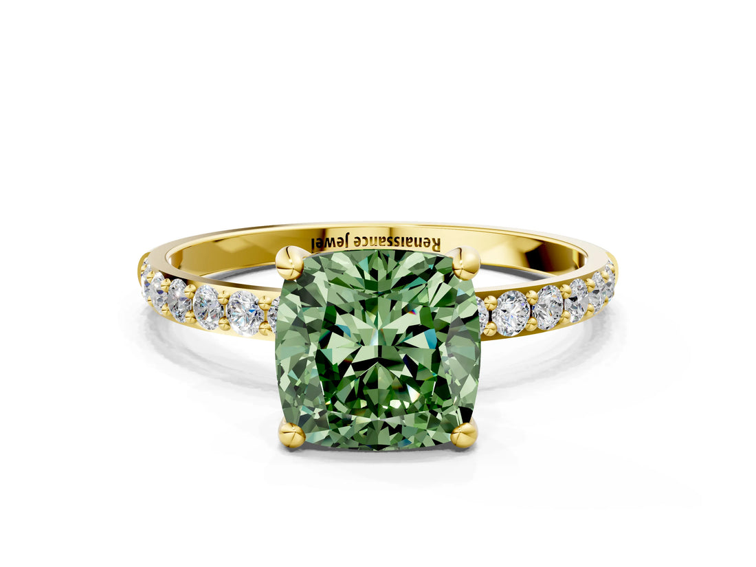 Yellow gold Fancy Green Cushion Cut Diamond Solitaire Ring with Pave Band and Four Prong Setting_88