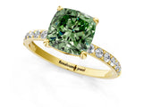 Yellow gold Fancy Green Cushion Cut Diamond Solitaire Ring with Pave Band and Four Prong Setting_89