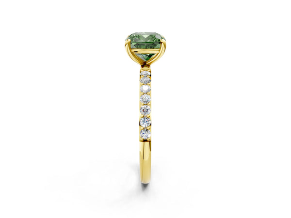 Yellow Gold Cushion Cut Solitaire Engagement Ring Setting for Fancy Green Center with Pave Accents and Open Basket