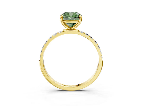 Yellow Gold Cushion Cut Solitaire Engagement Ring Setting for Fancy Green Center with Pave Accents and Open Basket
