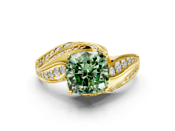 Yellow gold Fancy Green Cushion Cut Diamond Solitaire Ring with Prong Setting and Twisted Pavé Band