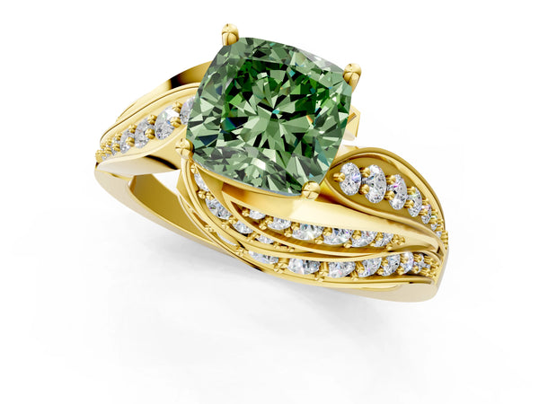 Yellow gold Fancy Green Cushion Cut Diamond Solitaire Ring with Prong Setting and Twisted Pavé Band