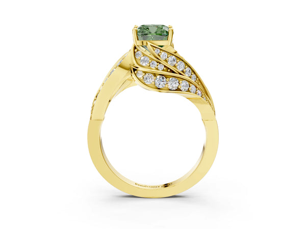 Yellow gold Fancy Green Cushion Cut Diamond Solitaire Ring with Prong Setting and Twisted Pavé Band