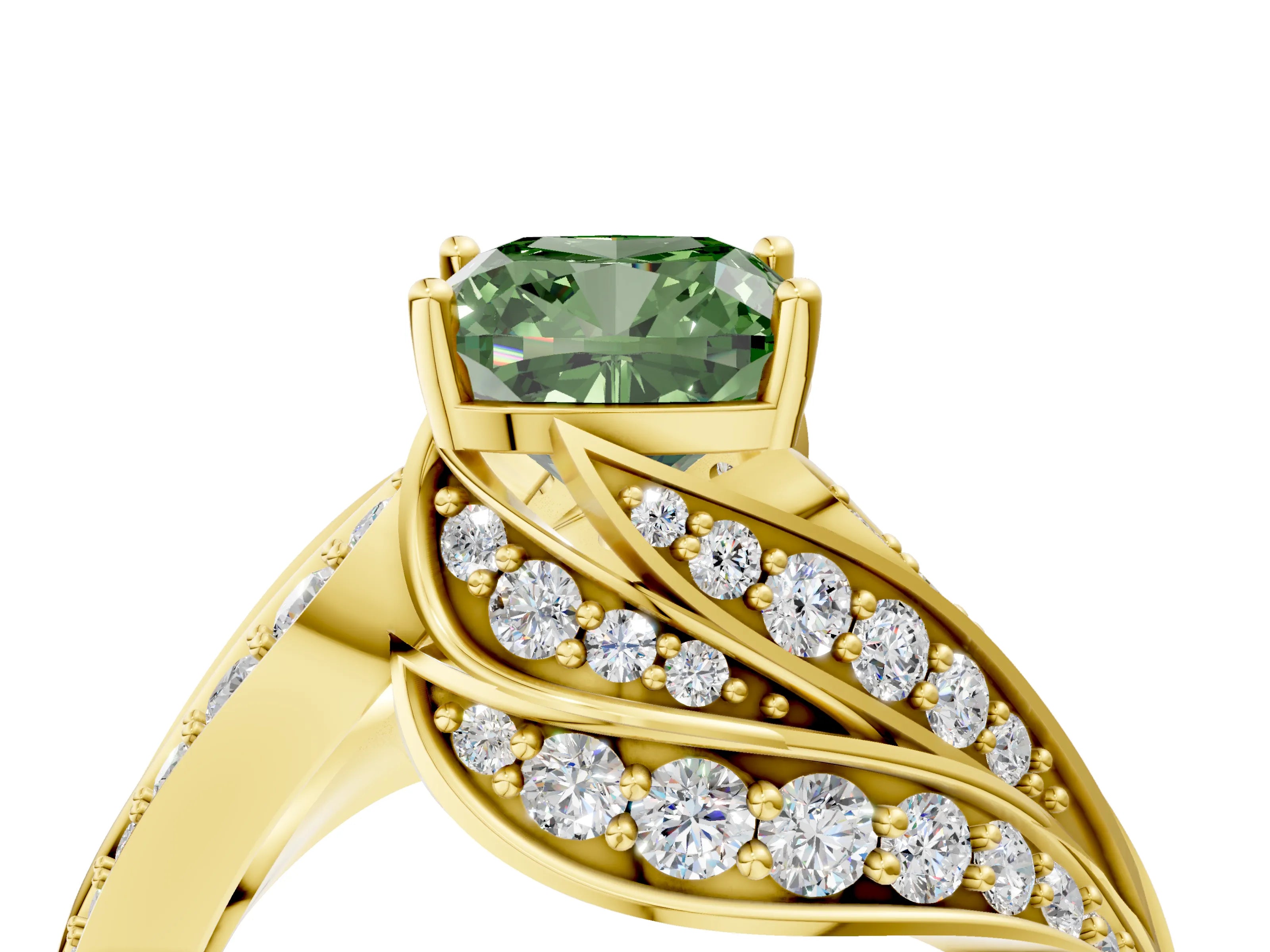 Yellow gold Fancy Green Cushion Cut Diamond Solitaire Ring with Prong Setting and Twisted Pavé Band_4