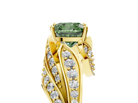 Yellow gold Fancy Green Cushion Cut Diamond Solitaire Ring with Prong Setting and Twisted Pavé Band_5