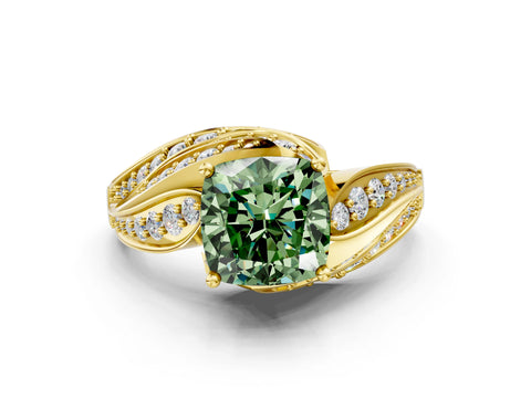 Yellow gold Fancy Green Cushion Cut Diamond Solitaire Ring with Prong Setting and Twisted Pavé Band