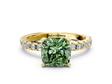 Yellow gold Fancy Green Cushion Cut Diamond Solitaire Ring with Round  Pavé Band and Four-Prong Setting_36