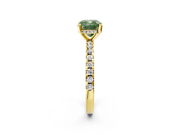 Yellow Gold Cushion Cut Hidden Halo Solitaire Engagement Ring Setting for Fancy Green Center with Single Row Pave Band