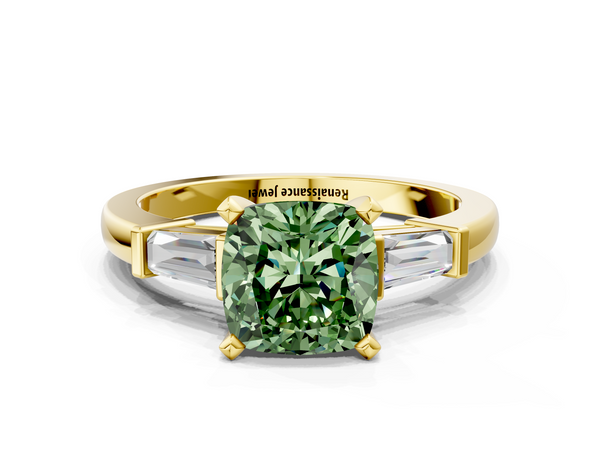 Yellow gold Fancy Green Cushion  Cut Diamond Solitaire Ring with Tapered Baguette Accents and Four-Prong Setting