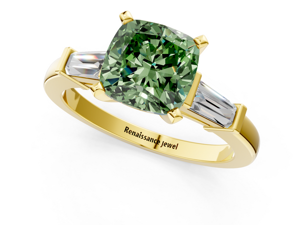 Yellow gold Fancy Green Cushion  Cut Diamond Solitaire Ring with Tapered Baguette Accents and Four-Prong Setting