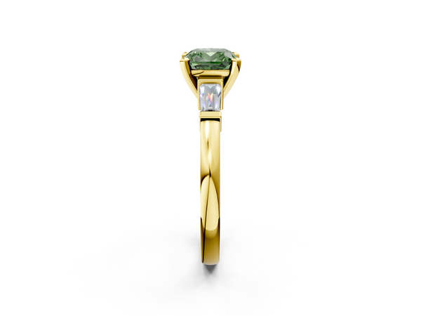 Yellow gold Fancy Green Cushion  Cut Diamond Solitaire Ring with Tapered Baguette Accents and Four-Prong Setting