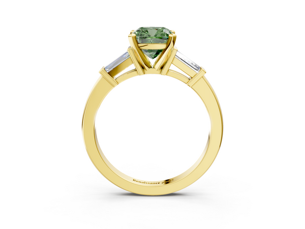 Yellow gold Fancy Green Cushion  Cut Diamond Solitaire Ring with Tapered Baguette Accents and Four-Prong Setting