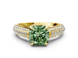 Yellow gold Fancy Green Cushion Cut Diamond Solitaire Ring with Three-Row Pavé Band and Four-Prong Setting_37