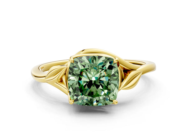 Yellow gold Fancy Green Cushion Cut Diamond Solitaire Ring with Twist Band and Four-Prong Setting