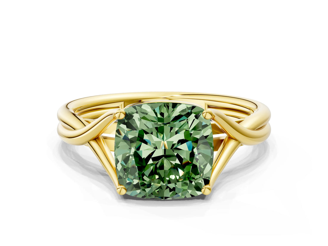 Yellow gold Fancy Green Cushion Cut Diamond Solitaire Twist Band Prong Setting Ring_89