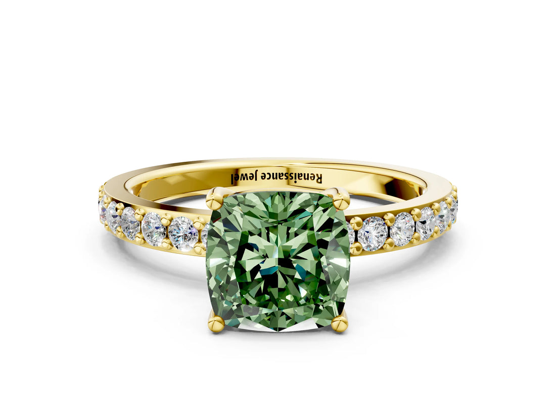 Yellow gold Fancy Green Cushion  Cut Diamond Solitaire with Pave Band and Four-Prong Setting 1