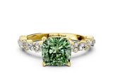 Yellow gold Fancy Green Cushion Cut Diamond Solitaire with Side Stones, Pave Band, Four-Prong Setting_120