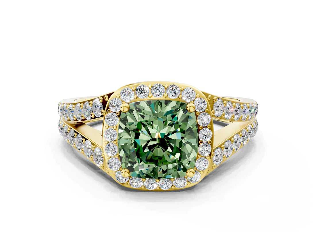 Yellow gold Fancy Green Cushion Cut Diamond Split Shank Halo Ring with Four-Prong Setting_56